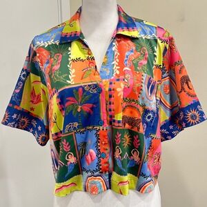 Alden Adair Rainbow Patchwork Mermaid Leopard Mushroom Button Down Shirt Small